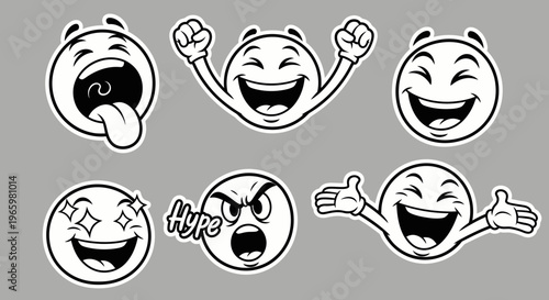 Expressive cartoon emoji faces sticker set depicting various emotions like laughing, happiness, excitement, and anger on a gray background.