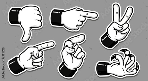 Assorted cartoon hand gestures including thumbs down, pointing finger, peace sign, and pinching action on a gray background.