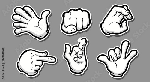 Variety of cartoon hand gestures such as open palm, clenched fist, pointing finger, and rock and roll sign on a gray background.
