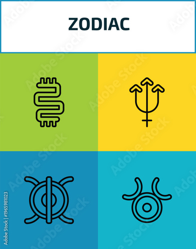 zodiac outline icon set. 4 linear vector for ui, web and mobile. thin line toughness, neptune, perseverance, zinc icons.