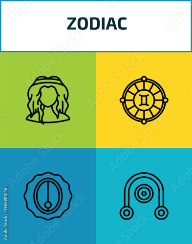zodiac outline icon set. 4 linear vector for ui, web and mobile. thin line virgo, time changes, nitre, coagulation icons.