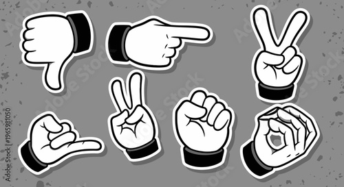 Diverse cartoon hand gestures including thumbs down, pointing, peace sign, and clenched fist on a gray background.
