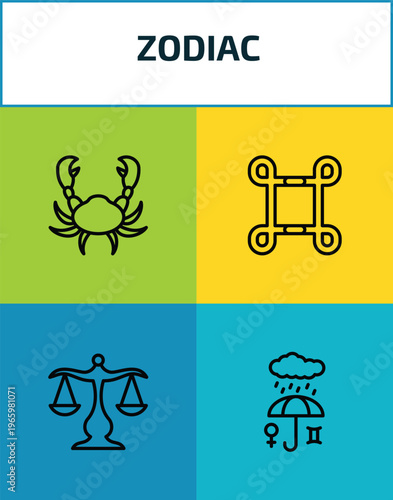 zodiac outline icon set. 4 linear vector for ui, web and mobile. thin line cancer, reconciliation, libra, precipitation icons.