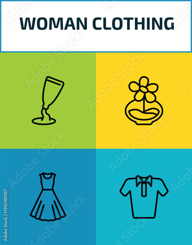 woman clothing outline icon set. 4 linear vector for ui, web and mobile. thin line creme container black, stylish perfume bottle, vintage dress, polo shirt for women icons.