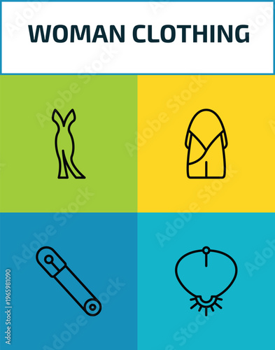 woman clothing outline icon set. 4 linear vector for ui, web and mobile. thin line female long black dress, hobo shoulder bag, safety pin, necklace icons.