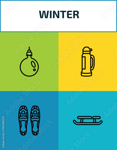 winter outline icon set. 4 linear vector for ui, web and mobile. thin line bauble, themos flask, snowshoes, sled icons.