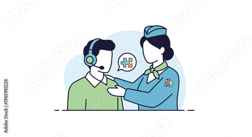 Flight attendant comforting a passenger with autism awareness pins