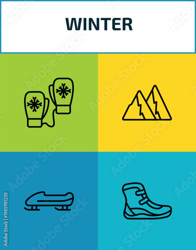 winter outline icon set. 4 linear vector for ui, web and mobile. thin line mittens, snowy mountain, bobsled, winter boots icons.