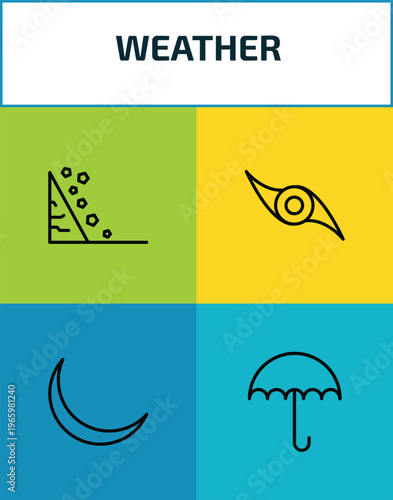 weather outline icon set. 4 linear vector for ui, web and mobile. thin line fall, tropical storm, new moon, umbrella icons.