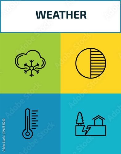 weather outline icon set. 4 linear vector for ui, web and mobile. thin line snow cloud, first quarter, thermometer, earthquake icons.