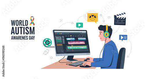 Young man editing video content for world autism awareness day campaign