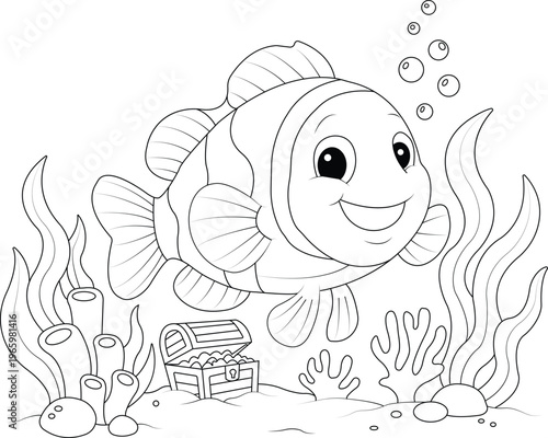 Cute cartoon fish underwater scene with coral, seaweed, bubbles and treasure chest, black and white line art illustration for coloring book or kids activity page