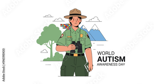 Park ranger holding binoculars in nature for Autism Awareness Day event