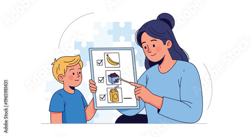 Teacher using visual communication board with student for autism support