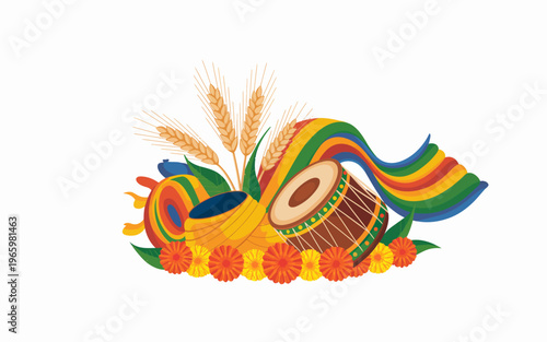 Happy Baisakhi Punjabi Harvest Festival Celebration with Dhol and Wheat Illustration – Baisakhi, Vaisakhi Festival, Harvest Festival Punjab