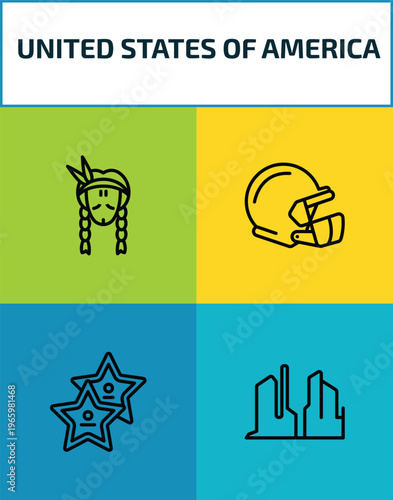 united states of america outline icon set. 4 linear vector for ui, web and mobile. thin line indian, rugby helmet, walk of fame, grand canyon icons.
