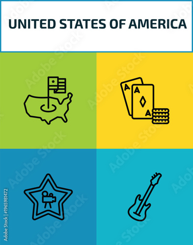 united states of america outline icon set. 4 linear vector for ui, web and mobile. thin line united states, casino, movie, electric guitar icons.