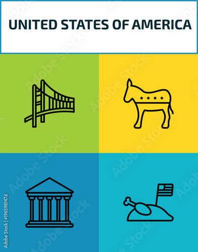 united states of america outline icon set. 4 linear vector for ui, web and mobile. thin line golden state, democrat, government, thanksgiving day icons.