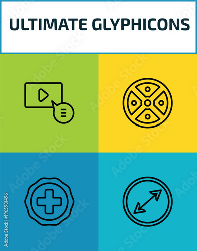 ultimate glyphicons outline icon set. 4 linear vector for ui, web and mobile. thin line video comment, circle menu, plus button, circle sizes icons.
