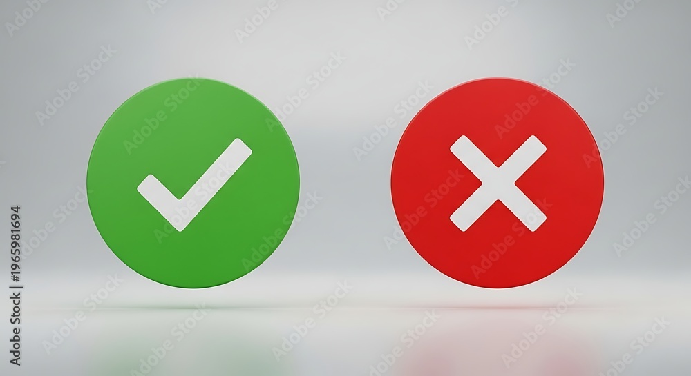 Obraz premium Green circle with white checkmark and red circle with white cross symbol for choice or decision