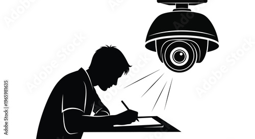 A man writing while being observed by a security camera depicted in a stark black silhouette high quality professional detailed modern