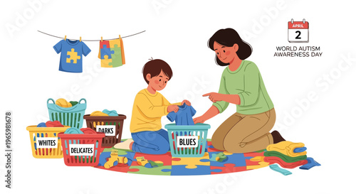 Mother teaching son how to sort laundry on World Autism Awareness Day