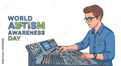 Professional sound engineer working at audio mixing desk for autism day