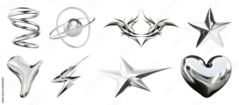 Fototapeta premium PNG Futuristic metallic abstract shapes, element set on transparent background