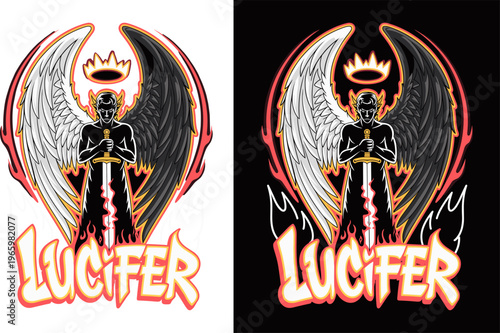 Lucifer Fallen Angel Mascot Logo Illustration, Vector Devil Warrior with Sword and Wings in Flat Style