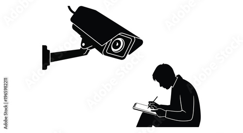 A security camera overlooks a person writing in a notebook highlighted as a stark black silhouette high quality professional detailed modern