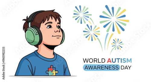 Young boy wearing noise cancelling headphones for Autism Awareness Day