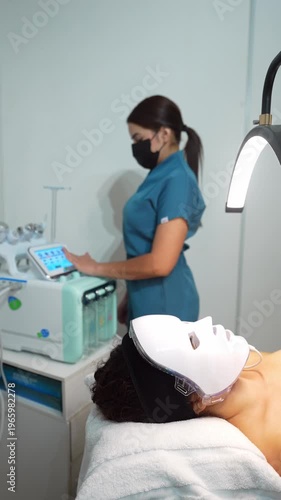 Professional cosmetologist performing led facial mask therapy on patient
