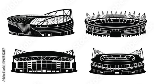 Four black and white stadium illustrations depicting architectural details and perspectives presented as a striking silhouette high quality professional detailed modern