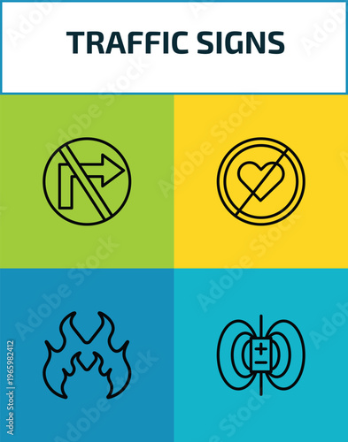 traffic signs outline icon set. 4 linear vector for ui, web and mobile. thin line no turn right, lovemaking, fire, magnetic field icons.