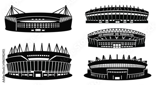 A collection of six stadium silhouettes showcases architectural diversity and sporting venues presented in stark black contrast silhouette high quality professional