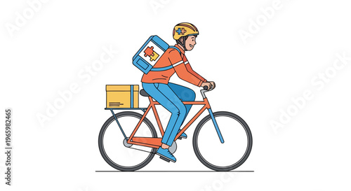 Delivery worker riding bicycle with puzzle piece branding for awareness