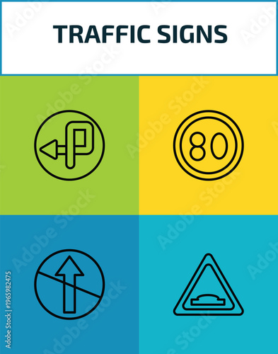 traffic signs outline icon set. 4 linear vector for ui, web and mobile. thin line degree curve road, speed limit, no straight, hump icons.