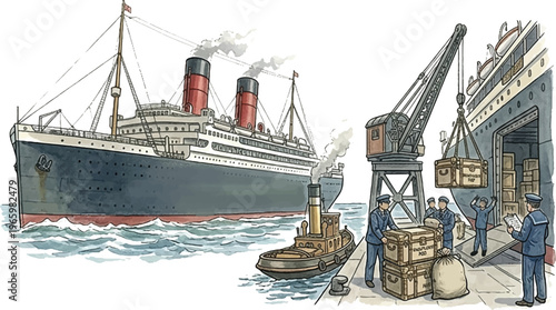 Vintage Steamship Cargo Loading with Crane and Dock Workers Retro Illustration