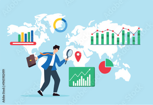 Flat illustration of businessman use magnifying glass analyze global business opportunity and risk with graph chart on world map analysis international economic searching foreign career