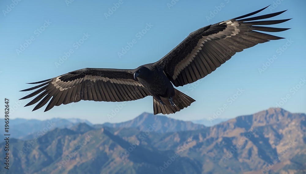 Naklejka premium A magnificent large bird of prey with impressive wingspan soars effortlessly above rugged mountains under a clear blue sky.