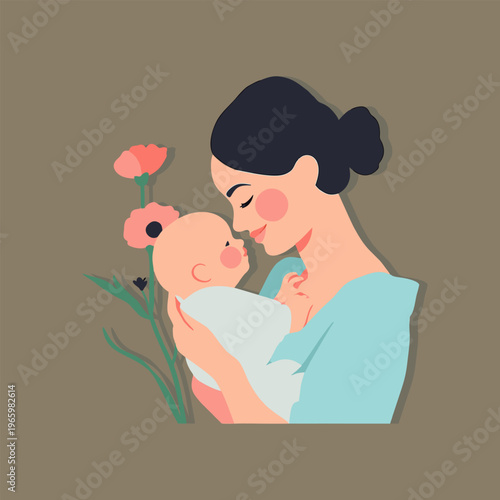 Woman kissing baby in loving cartoon style