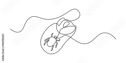 Continuous one line art drawing of a beetle bug on a computer mouse, minimalist insect technology concept for April Fools prank