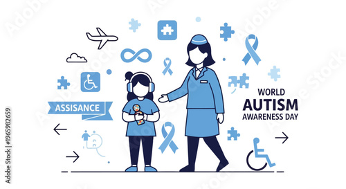 Flight attendant assisting young girl for autism awareness travel