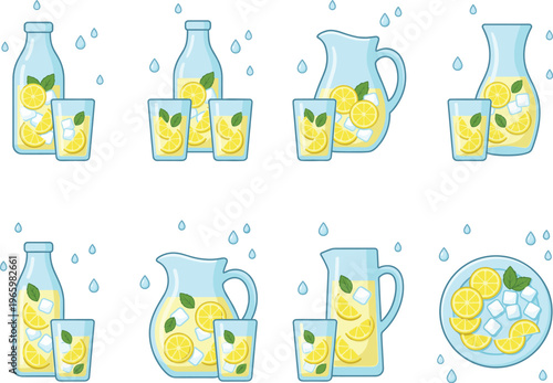 Set of fresh lemonade drinks with lemon slices, ice cubes, mint leaves in bottles, glasses and pitchers, flat vector illustration