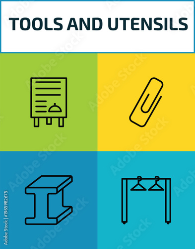 tools and utensils outline icon set. 4 linear vector for ui, web and mobile. thin line daily specials board, attached, metal, clothes rack icons.