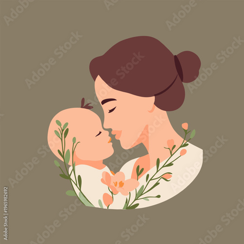 Mother holding baby in loving cartoon style