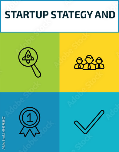 startup stategy and outline icon set. 4 linear vector for ui, web and mobile. thin line startup project search, team, best, valid icons.