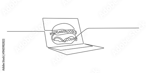 Continuous one line art drawing of a burger inside a laptop screen, creative food delivery and technology concept, minimalist line illustration for April Fools Day prank or fast food digital ordering