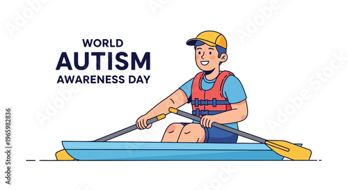 Young boy in life vest rowing a blue boat for autism awareness