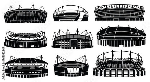 A collection of nine black stadium outlines showcases diverse architectural styles presented as a striking silhouette high quality professional detailed modern
